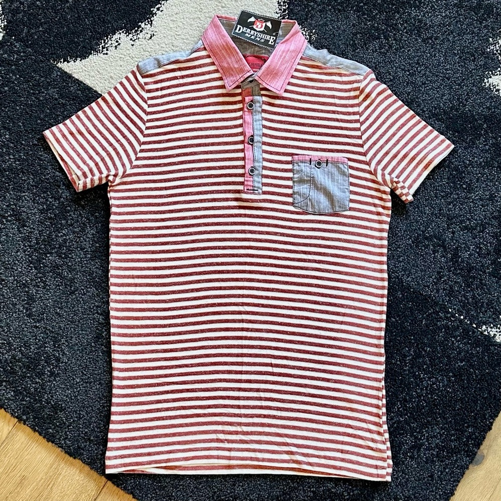 *NWT* YOUNG REPUBLIC Striped Rust Red & Gray Button-Up Polo Shirt — M